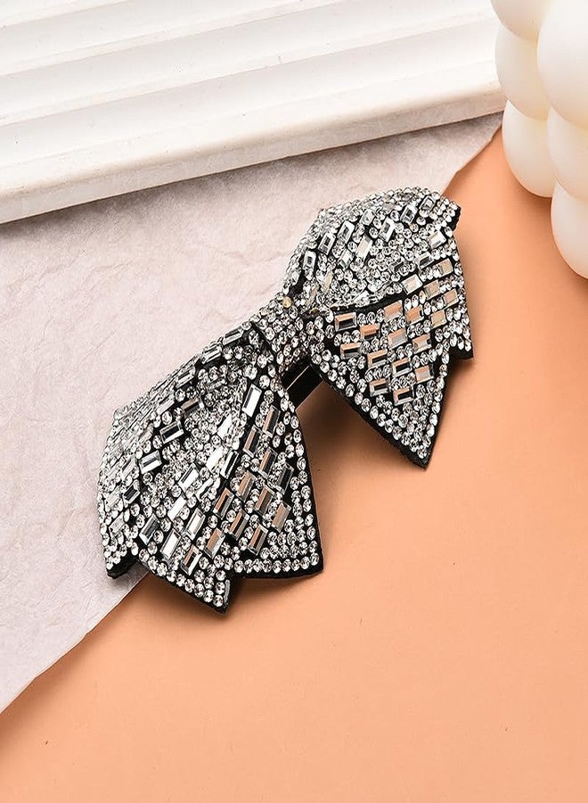 Kefley Rhinestone Bow Hair Barrette Bling Bowknot Clips Hairpin Silver White Crystal Barrettes Decorative Ponytail Holders Glittering Rhinestone Hair Bows Metal French Barrette - Image 4